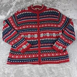 Tiara International Fair Isle Nordic Sweater Women's L Red Blue Full Zip (1147)